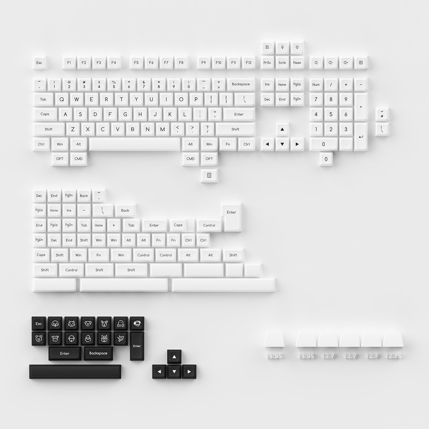Chi tiết các nút trong AKKO Keycap Set – Black on White (ABS Double-Shot / SAL profile / 195 nút)
